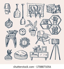 Cute vector hand drawn doodle set about coronavirus, Covid-19, Stay Home, work in home. Pandemic protection. Quarantine positive doodle icons, home elements. Isolated on white background.
