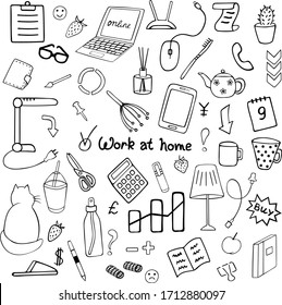 Cute vector hand drawn doodle set. Coronavirus, Covid-19, Stay at home, work in home. Pandemic protection. Quarantine positive doodle icons, home elements isolated on white background.