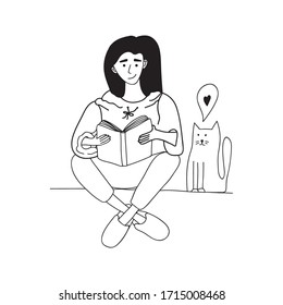 Doodle dibujado a mano, mujer con libro y gato. Quédate en casa, trabaja en casa.La autonomía. Estudiado en línea. Gente de doodle positivo de cuarentena. Aislado sobre fondo blanco.