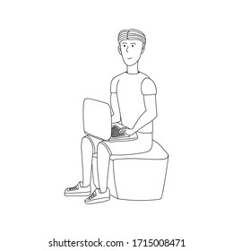Cute vector hand drawn doodle, man with laptop. Stay Home, work in home. Freelance. Online studied. Quarantine positive doodle people. Isolated on white background.