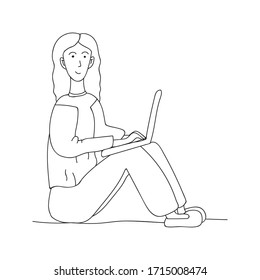 Cute vector hand drawn doodle, woman with laptop. Stay Home, work in home. Freelance. Online studied. Quarantine positive doodle people. Isolated on white background.