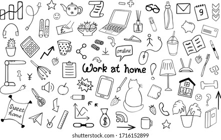 Cute vector hand drawn doodle set. Coronavirus, Covid-19, Stay at home, work in home. Pandemic protection. Quarantine positive doodle icons, home elements isolated on white background.