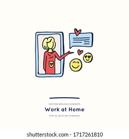 Cute vector hand drawn doodle set about coronavirus, Covid-19, Stay Home, work in home. Pandemic protection. Quarantine positive doodle icons, home elements. Isolated on white background.