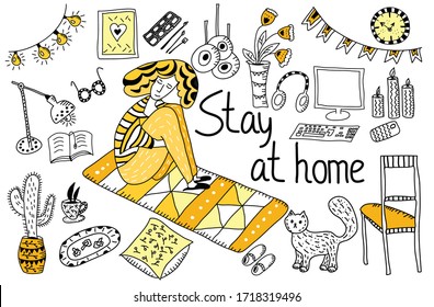 Cute Vektorgrafik handgezeichnet Doodle gesetzt über Coronavirus.  Bleiben Sie zu Hause. Quarantäne positive Zeilensymbole, Home-Elemente. Einzeln auf weißem Hintergrund.
