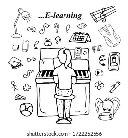 Cute vector hand drawn doodle, girl and piano, children at home, Stay Home, work in home. Freelance. Online learning, online education at home.Quarantine positive doodle people. Isolated on white back