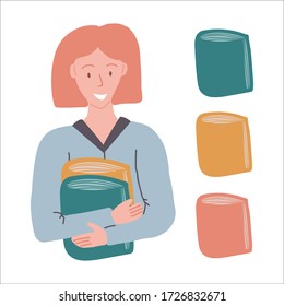 Cute vector hand drawn doodle, woman with book. Stay Home, work in home. Freelance. Online studied. Quarantine positive doodle people. Isolated on white background.