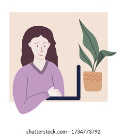 Dodle dibujado a mano por vector lindo, mujer con laptop. Quédate en casa, trabaja en casa. La autonomía. Estudiado en línea. Gente de doodle positivo de cuarentena. Aislado sobre fondo blanco.