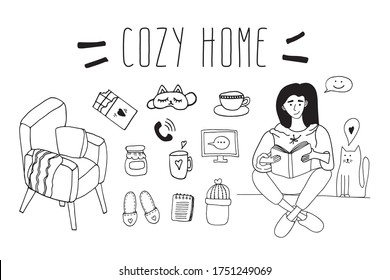 Cute vector hand drawn doodle set about Cozy Home, girl with cat. Positive doodle icons, home elements. Isolated on white background.