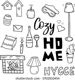 Cute vector hand drawn doodle set. Cozy Home. Stay Home, work in home. Simple doodle icons, home elements