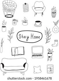 Cute vector hand drawn doodle set. Coronavirus, Covid-19, Stay at home, work in home. Pandemic protection. Quarantine positive doodle icons, home elements isolated on white background.