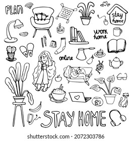 Cute vector hand drawn doodle set work in home. coronavirus, Covid-19, Stay Home. Pandemic protection. Quarantine positive doodle icons, home elements. Isolated on white background.