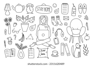 Cute vector hand drawn doodle set about coronavirus, Covid-19, Stay Home, work in home. Pandemic protection. Quarantine positive doodle icons, home elements. Isolated on white background.