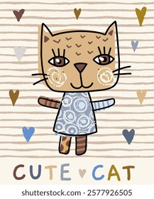 Cute vector hand drawn doodle cat illustration in blue, brown and grey colors with hearts on striped background