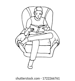 Cute vector hand drawn doodle,man with book, children at home,Stay Home, work in home. Freelance.Online learning, online education at home.Quarantine positive doodle people.
