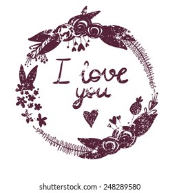 Cute vector hand drawn flowers round frame with love message