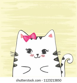 Cute vector hand drawn illustration with sketch cat. White kitten isolated on a yellow background.