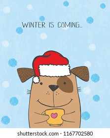 Cute vector hand drawn illustration with sketch dog with cup of coffee. Blue background with snowflakes. Picture drawn with colored crayons and pen. Winter is coming