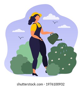 cute vector hand drawn illustration on the theme of gardening. girl watering the bushes in the garden from a watering can. trend illustration in flat style