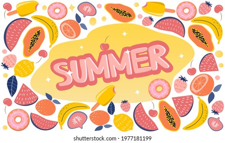 cute vector hand drawn illustration - summer doodle with tropical fruits, ice cream, donuts and summer lettering. trend illustration in flat style