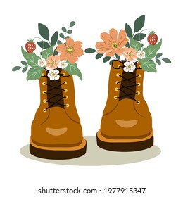 cute vector hand drawn illustration - boots from which bouquets of summer flowers stick out. trend illustration in flat style