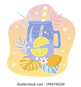 cute vector hand drawn illustration - summer cocktail lemonade in a glass jar, lemon, tropical leaves. trend illustration in flat style