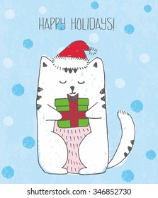 Cute vector hand drawn illustration with sketch white cat with Santa Claus red hat and present. Blue background with snowflakes. Picture drawn with colored crayons and pen. Happy holidays!