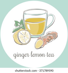 Cute vector hand drawn illustration with ginger lemon tea. Doodle lemon, ginger root, mint and a cup with hot herbal beverage. Simple image in tender blue, yellow and green colors.