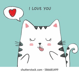 Cute vector hand drawn illustration with sketch cat with heart in a cloud. Freehand drawing. Handdrawn white kitten with closed eyes thinking about love isolated on a empty blue background. I love you