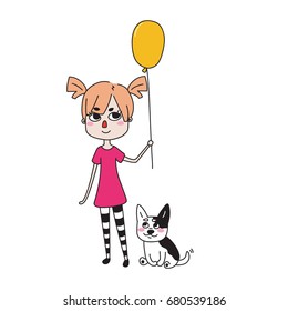 Cute vector hand drawn illustration with girl, dog and balloon on white background