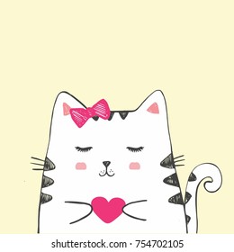 Cute vector hand drawn illustration with sketch cat with heart. White kitten with closed eyes thinking about love isolated on a empty yellow background.