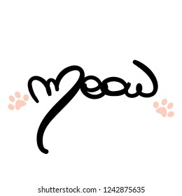 cute vector hand drawn lettering meow with pink cat paw print