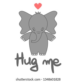 cute vector hand drawn lettering hug me card with cartoon lovely baby elephant 