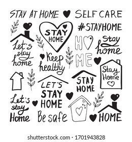 Cute vector hand drawn lettering set about coronavirus, Covid-19, Stay Home, work in home. Pandemic protection. Quarantine positive doodle icons, home elements. Isolated on white background.