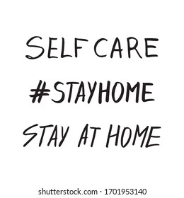 Cute vector hand drawn lettering set about coronavirus, Covid-19, Stay Home, work in home. Pandemic protection. Quarantine positive doodle icons, home elements. Isolated on white background.