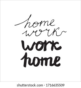 Cute Vektorillustration handgezeichnet Schrift über Coronavirus, Online-Arbeit Bleiben Sie zu Hause, arbeiten Sie zu Hause. Schutz vor Pandemien. Quarantäne positive Doodle-Icons, Home-Elemente. Einzeln auf weißem Hintergrund.