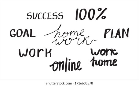 Cute vector hand drawn lettering about coronavirus, online work Stay Home, work in home. Pandemic protection. Quarantine positive doodle icons, home elements. Isolated on white background.