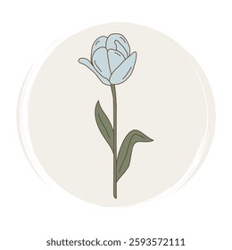 cute vector hand drawn logo design templates, icon and badge for social media story and highlight with light blue tulip flower on delicate cream background