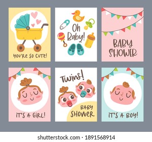 Cute vector hand drawn new born card collection. Baby shower gift cards and invitations. Little boy, little girl and twins.