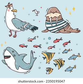 cute vector hand drawn ocean animals , colorful art. vector illustration for print