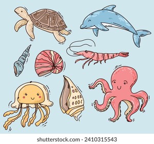 cute vector hand drawn ocean life set, colorful art. vector illustration for print or stickers