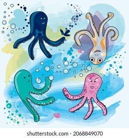 Cute vector hand drawn octopus. Underwater with bubbles and the octopus. Green, pink blue and grey octopus. Funny and happy. 