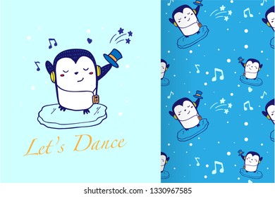 Cute vector hand drawn penguin with pattern set