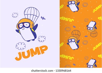 Cute vector hand drawn penguin with pattern set