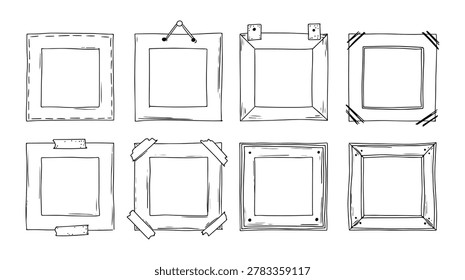 Cute vector hand drawn photo frames. Doddle picture borders. Sketch squere  Isolated on white background. Kid outline photo frames. 