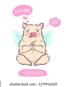 Cute vector hand drawn pig doing Yoga Namaste