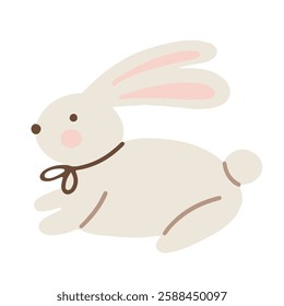 Cute vector hand drawn rabbit with pink ears and brown collar hopping joyfully in a playful pose vector illustration
