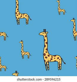 Cute vector hand drawn  seamless pattern with giraffes with blue background
