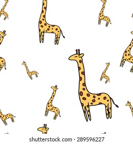 Cute vector hand drawn  seamless pattern with giraffes isolated on white