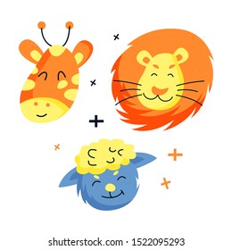 Cute vector hand drawn set of animals. Cartoon childish doodle style drawn illustration