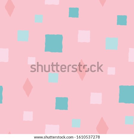 Cute vector hand drawn squares and diamond shapes in blue, teal and pink background design. Seamless pattern. Great for wellness, party, girl products, packaging stationery, home decor, texture